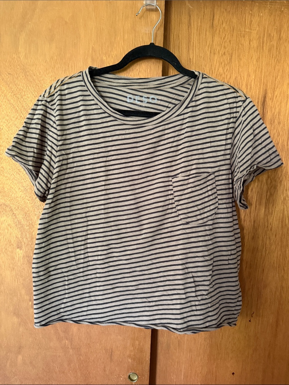 Deso Striped small batch produced pocket crop tee in Black and Cream-size M/L